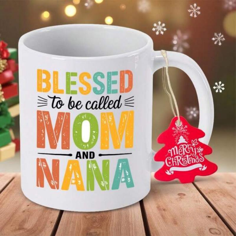Tailorly White Ceramic 11 oz Mug - Blessed To Be Called Mom And Nana Colorful Distressed Block Typography Among Festive Soft Golden Lights Mug