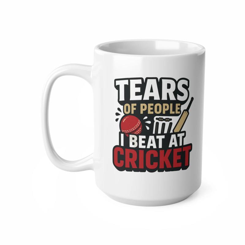 Tailorly White Ceramic 11 oz Mug - Tears Of People I Beat At Cricket Competitive Sports Design Featuring Red Ball And Wooden Bat Cricket