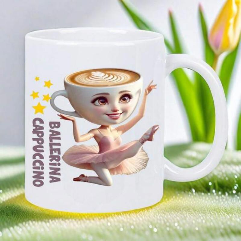 Tailorly White Ceramic 11 oz Mug - Ballerina Cappuccino Graceful Character With Latte Art Head Dancing Surrounded By Golden Stars Ballerina