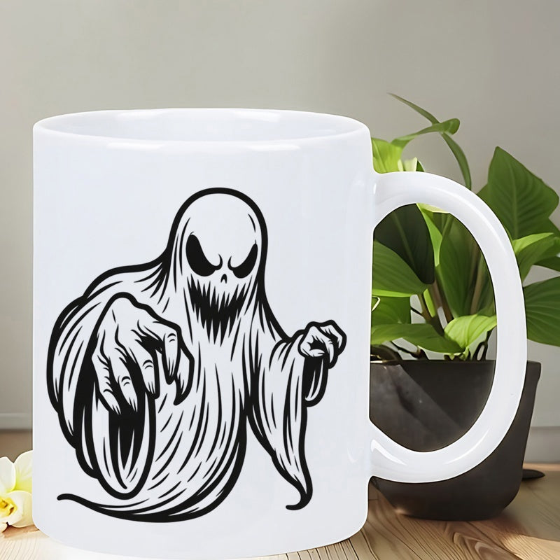 Tailorly White Ceramic 11 oz Mug - Menacing Black Ink Illustration Reaching Forward With Sharp Clawed Hands Spooky Ghost