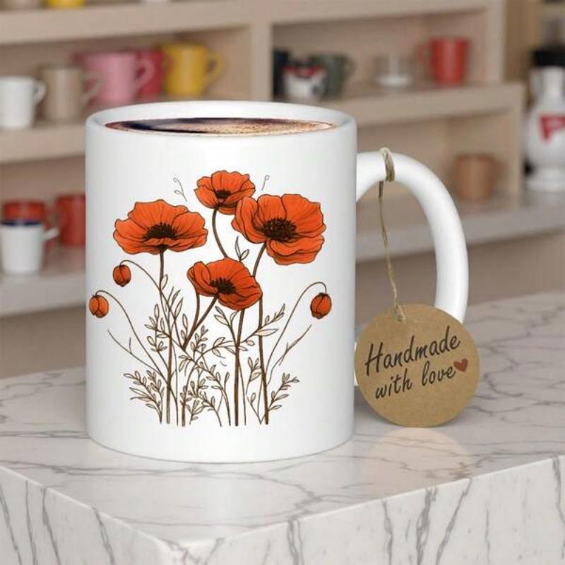 Tailorly White Ceramic 11 oz Mug - Handmade With Love Elegant Vibrant Red Blooming Petals With Delicate Wild Garden Stems Poppy