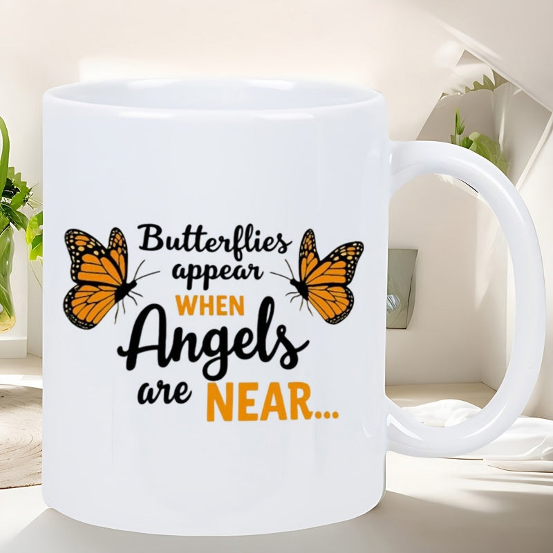 Tailorly White Ceramic 11 oz Mug - Butterflies Appear When Angels Are Near Vibrant Orange Monarch Butterflies With Delicate Black Veining And Detailed Wings