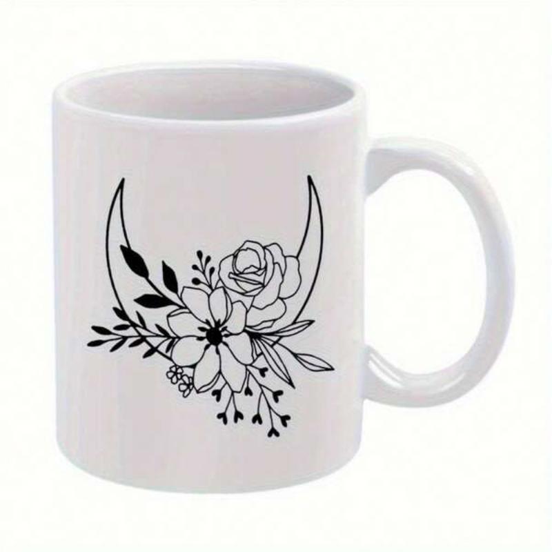 Tailorly White Ceramic 11 oz Mug - Minimalist Line Art Crescent Moon With Delicate Blooming Floral Rose Petals Moon