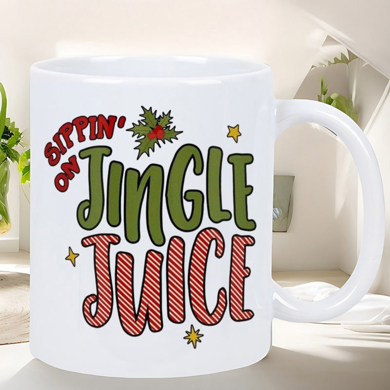 Tailorly White Ceramic 11 oz Mug - Sippin On Jingle Juice Festive Holiday Graphic Featuring Holly Leaves And Golden Sparkling Stars Mug