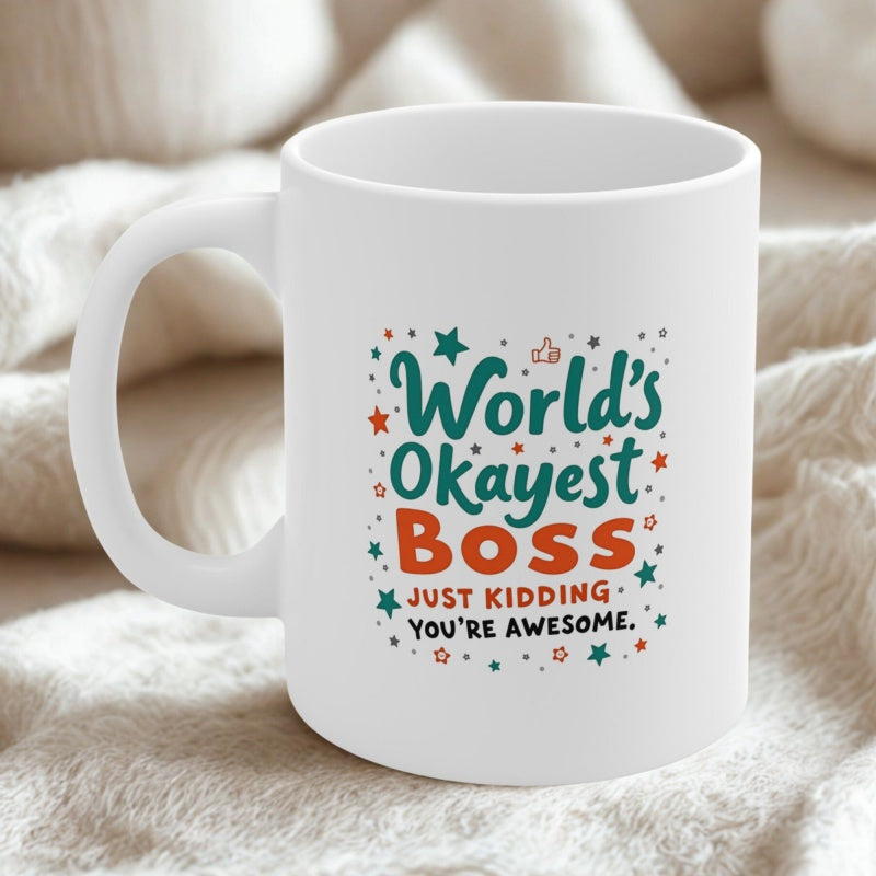 Tailorly White Ceramic 11 oz Mug - Worlds Okayest Boss Just Kidding Youre Awesome Minimalist White Ceramic Vessel With Colorful Decorative Stars And Dots Mug