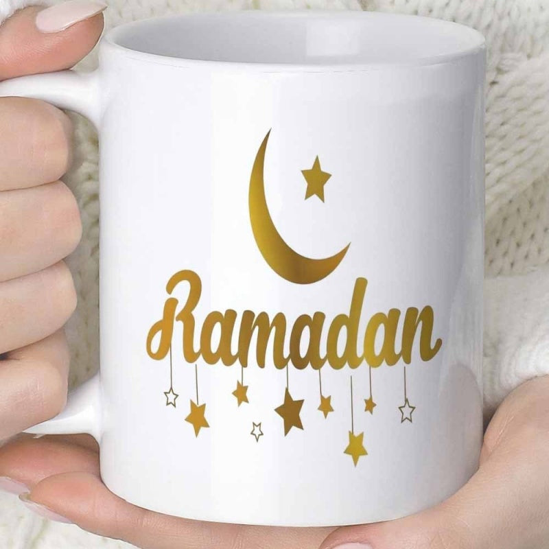Tailorly White Ceramic 11 oz Mug - Ramadan Golden Crescent Moon And Hanging Stars On
