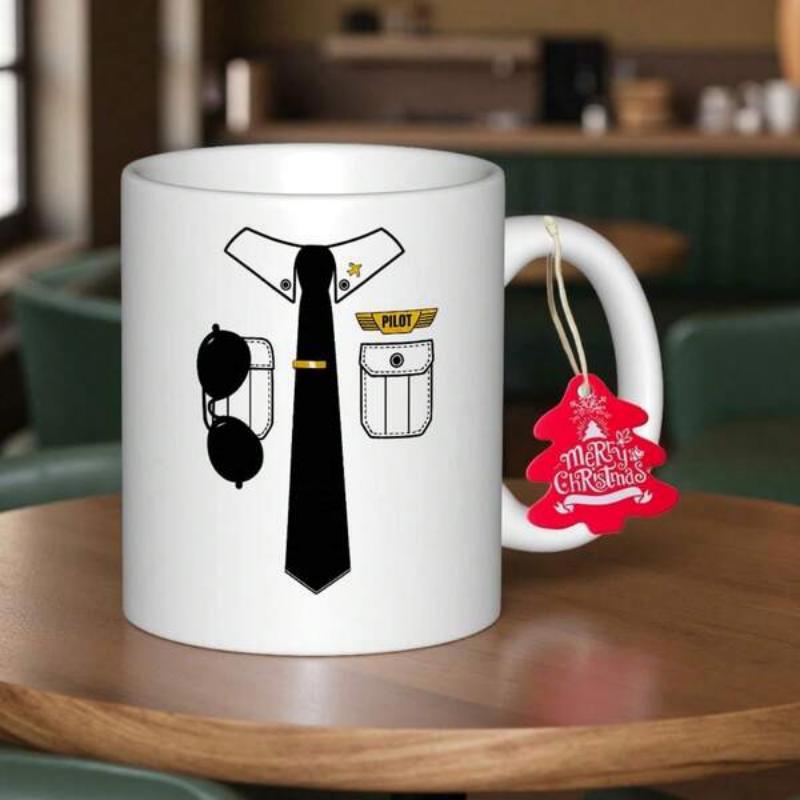 Tailorly White Ceramic 11 oz Mug - Pilot Professional Captain Uniform Featuring Classic Black Tie And Iconic Aviator Sunglasses Pilot