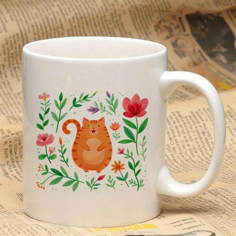 Tailorly White Ceramic 11 oz Mug - Cute Chubby Orange Tabby Sitting Among Colorful Flowers And Green Leaves Cat