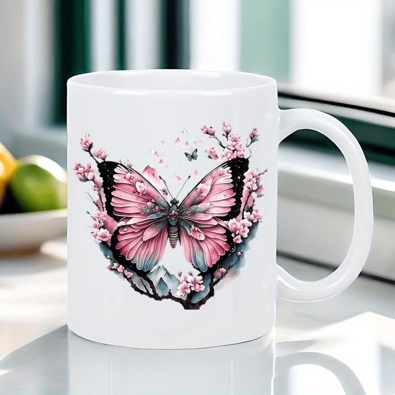 Tailorly White Ceramic 11 oz Mug - Vibrant Pink Watercolor Wings Among Blooming Cherry Blossoms On Branch Butterfly