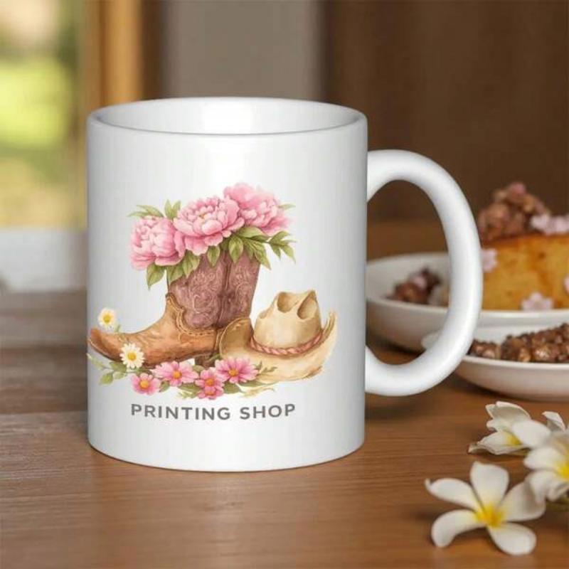 Tailorly White Ceramic 11 oz Mug - Printing Shop Vintage Brown Cowboy Boots With Blooming Pink Flowers And A Straw Hat Boot