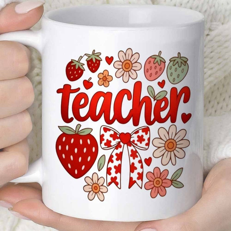 Tailorly White Ceramic 11 oz Mug - Teacher Charming Retro Style Pattern With Blooming Daisies And Garden Strawberry