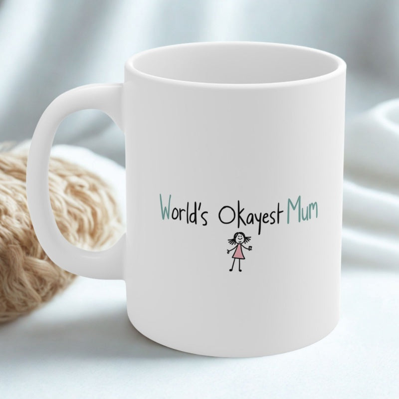 Tailorly White Ceramic 11 oz Mug - Worlds Okayest Mum Simple Minimalist Hand Drawn Little Girl Wearing A Tiny Pink Dress Mug