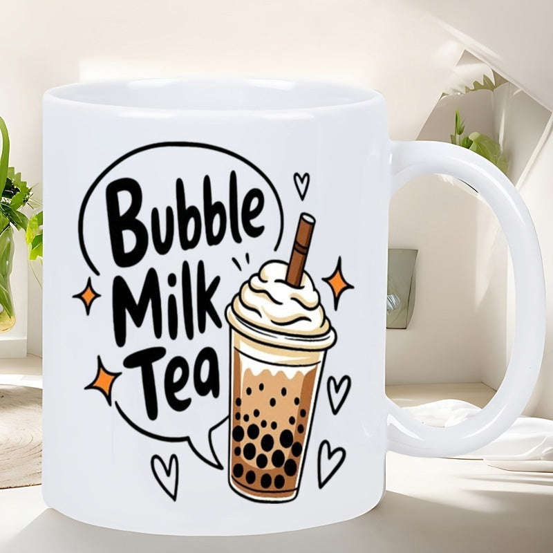 Tailorly White Ceramic 11 oz Mug - Bubble Milk Tea Illustrated Cup With Whipped Cream And Dark Pearls Surrounded By Sweet Hearts Drink