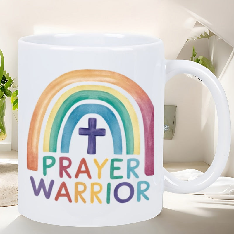 Tailorly White Ceramic 11 oz Mug - Prayer Warrior Hand Painted Watercolor Rainbow Arching Over A Simple Christian Symbol Cross