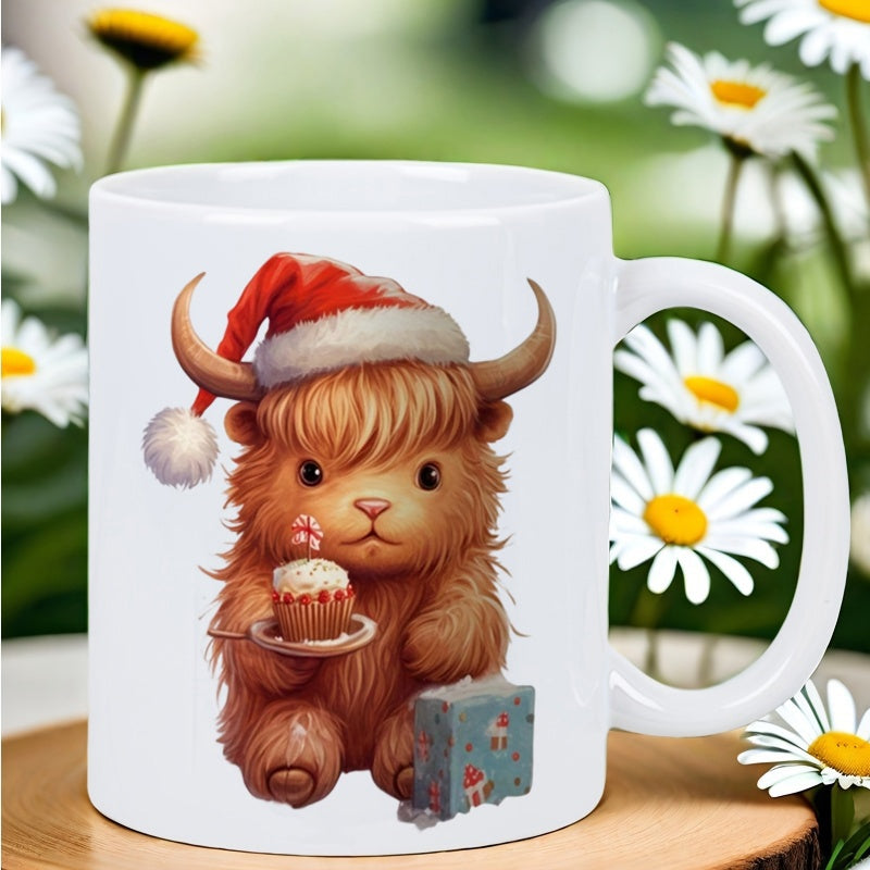 Tailorly White Ceramic 11 oz Mug - Adorable Fluffy Brown Baby Cow Wearing Festive Red Santa Hat Holding Cupcake Highland Cow