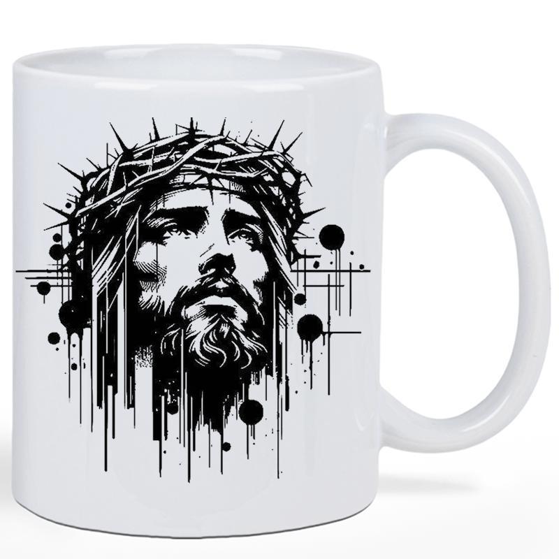 Tailorly White Ceramic 11 oz Mug - Artistic Black And White Ink Style Portrait With Crown Of Thorns Jesus