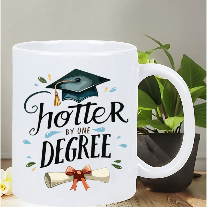 Tailorly White Ceramic 11 oz Mug - Hotter By One Degree Academic Mortarboard And Ribbon Tied Diploma Surrounded By Colorful Confetti Mug