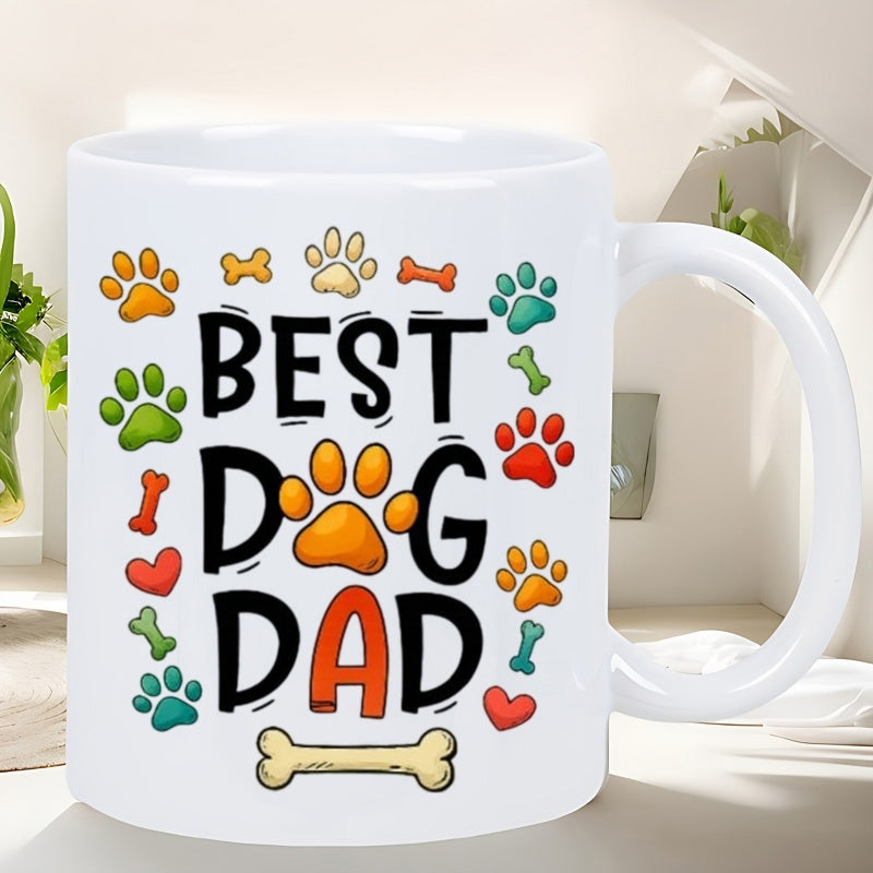 Tailorly White Ceramic 11 oz Mug - Best Dog Dad Playful Colorful Paw Prints And Tiny Hearts Bordered Pattern