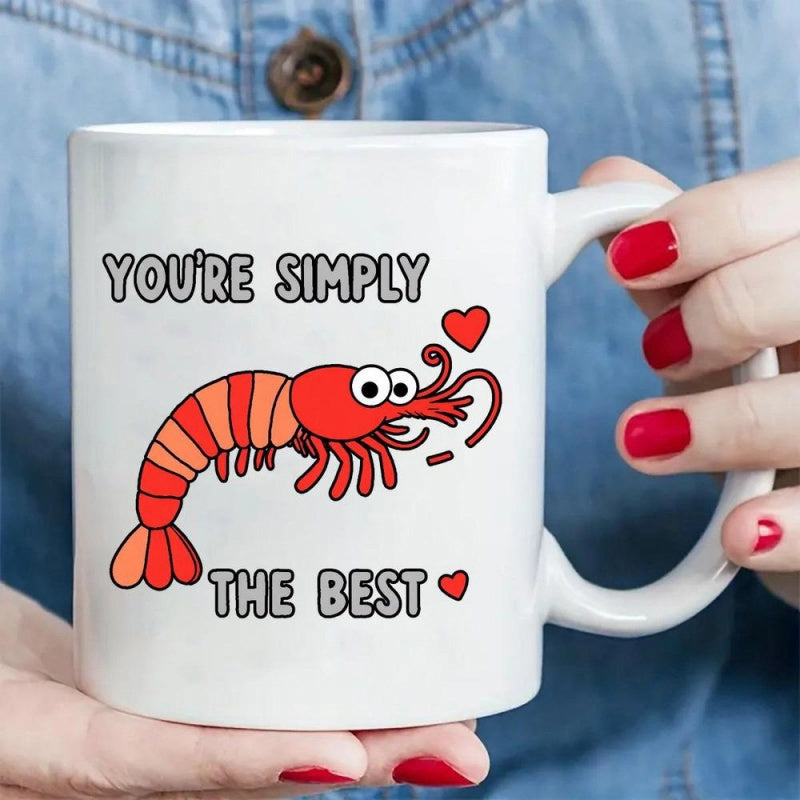 Tailorly White Ceramic 11 oz Mug - Youre Simply The Best Cute Cartoon Red Shrimp Swimming With Small Hearts In Bright Colors Shrimp