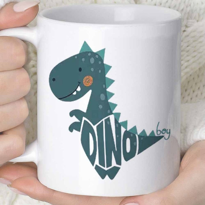 Tailorly White Ceramic 11 oz Mug - Dino Boy Adorable Teal Creature With Creative Alphabet Art On Body Dinosaur