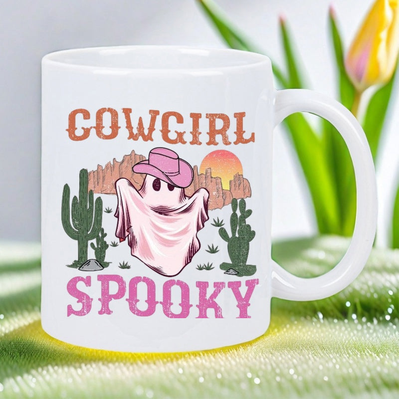 Tailorly White Ceramic 11 oz Mug - Cowgirl Spooky Desert Landscape With Cacti Under Sunset Featuring Pink Cowboy Hat Ghost