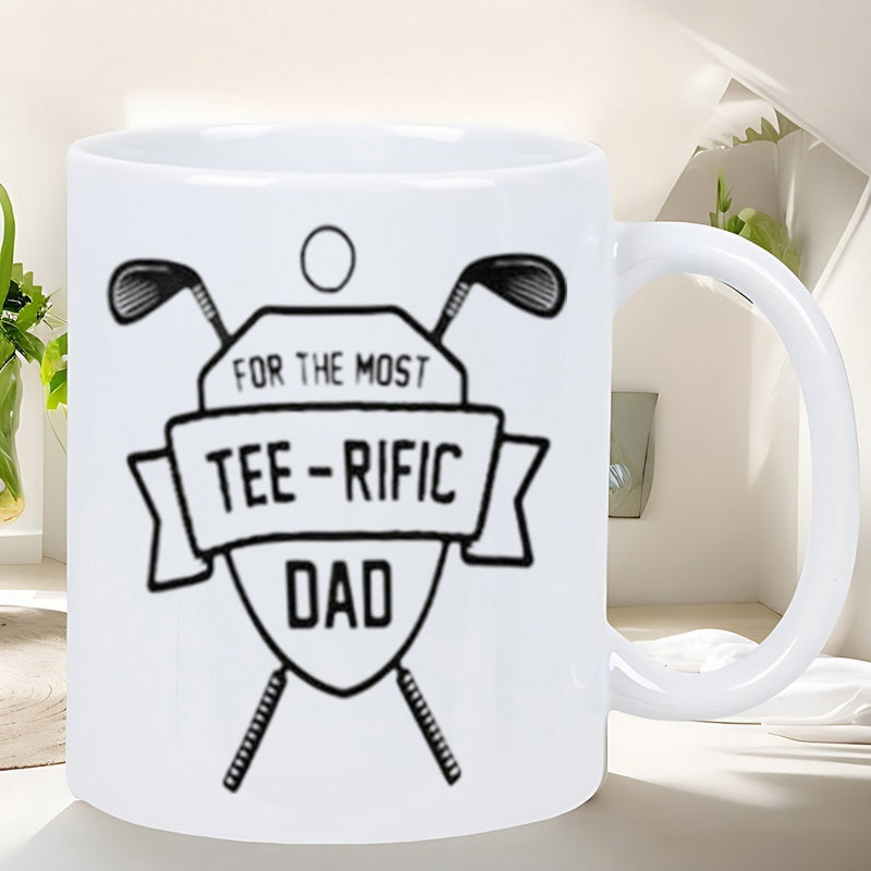 Tailorly White Ceramic 11 oz Mug - For The Most Tee Rific Dad Crossed Golf Clubs Behind A Crest With A White Ball Mug