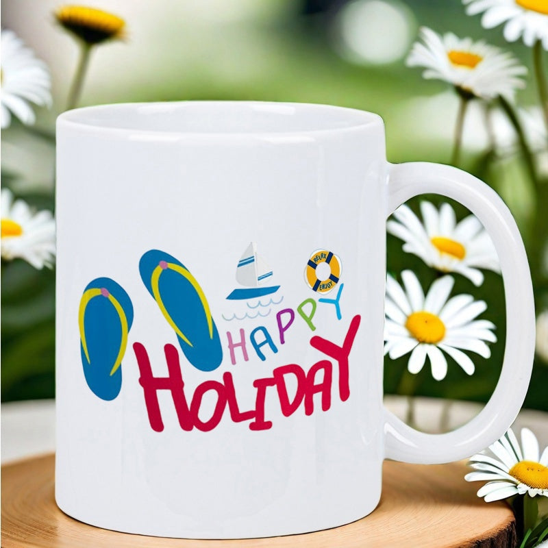 Tailorly White Ceramic 11 oz Mug - Happy Holiday Blue Summer Flip Flops With Floating Sailboat And Bright Lifebuoy Flip Flops