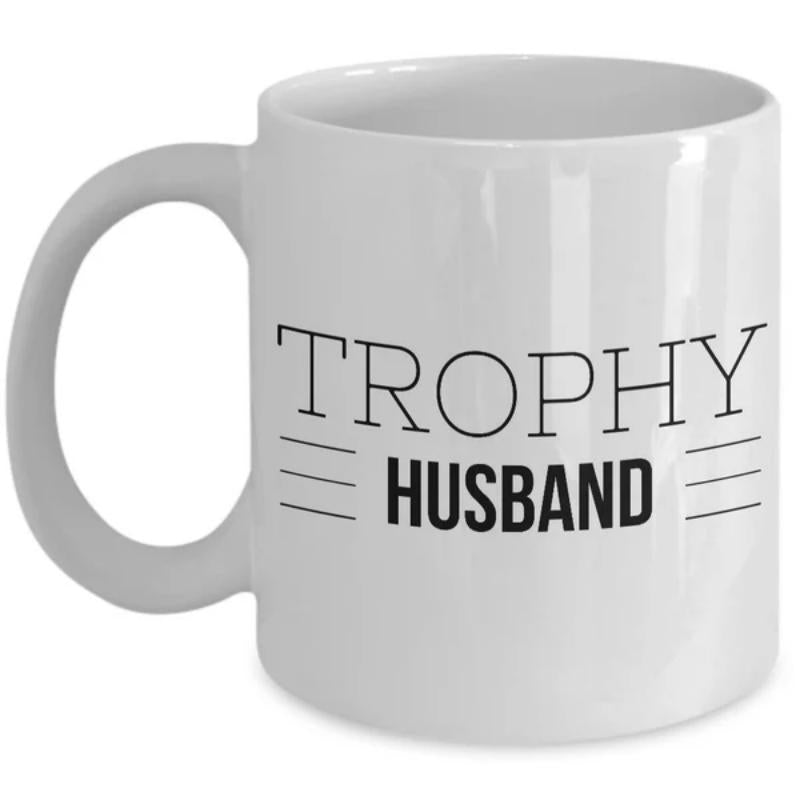 Tailorly White Ceramic 11 oz Mug - Trophy Husband Minimalist Black Lines Surrounding Bold Modern Text On Clean Background Mug