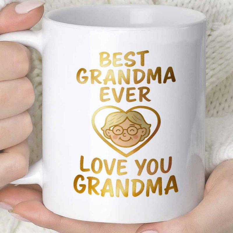 Tailorly White Ceramic 11 oz Mug - Best Grandma Ever Love You Grandma Elegant Golden Heart Framing A Smiling Cartoon Character With Round Glasses Grandma