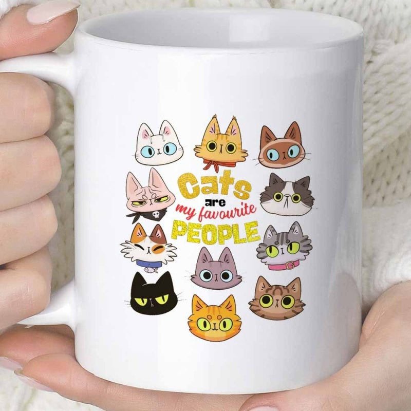 Tailorly White Ceramic 11 oz Mug - Cats Are My Favourite People Cheerful Colorful Illustrated Feline Portraits Surrounding Hand Lettered Script Slogan Cat