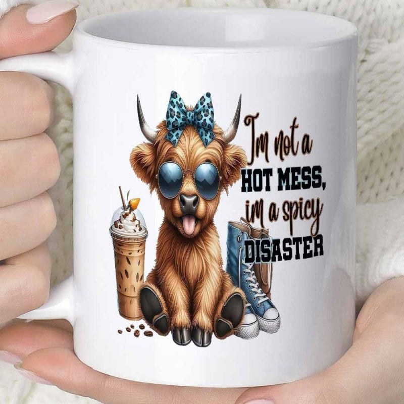 Tailorly White Ceramic 11 oz Mug - Im Not A Hot Mess Im A Spicy Disaster Adorable Fluffy Cow Wearing Sunglasses And Leopard Print Bow Highland Cow