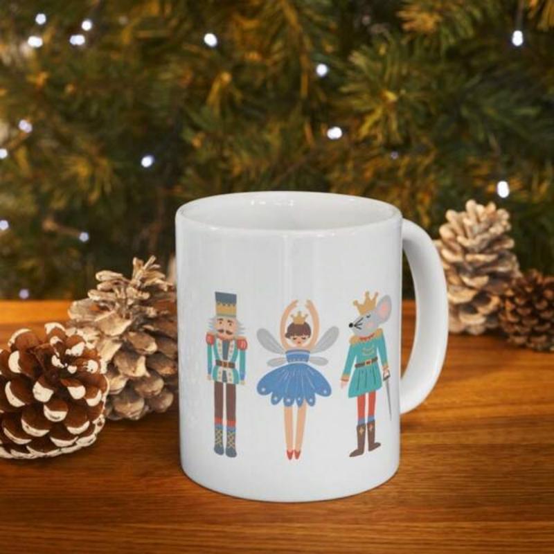 Tailorly White Ceramic 11 oz Mug - Festive Holiday Characters Featuring Nutcracker Soldier And Elegant Dancing Fairy Mug