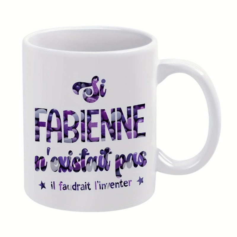 Tailorly White Ceramic 11 oz Mug - Ceramic White Vessel Featuring Artistic Patterned Purple Lettering Typography Under Bright Light Mug