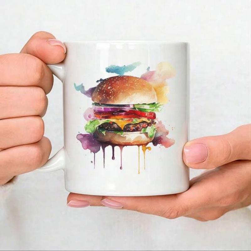 Tailorly White Ceramic 11 oz Mug - Artistic Watercolor Dripping Paint With Vibrant Colors Surrounding A Delicious Burger