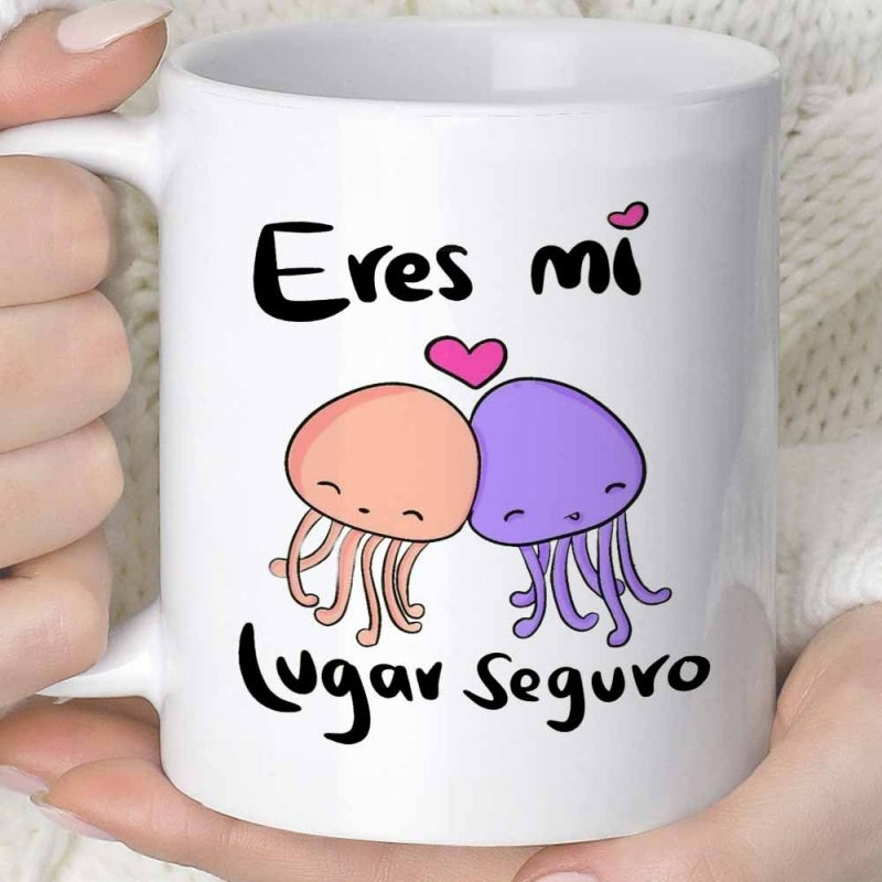 Tailorly White Ceramic 11 oz Mug - Two Adorable Colorful Cartoon Jellyfishes Smiling Together Among Small Pink Hearts Jellyfish