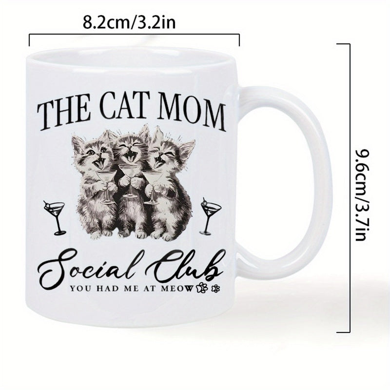 Tailorly White Ceramic 11 oz Mug - The Cat Mom Social Club You Had Me At Meow Three Happy Kittens Celebrating With Martini Glasses In Elegant Vintage Sketch Style