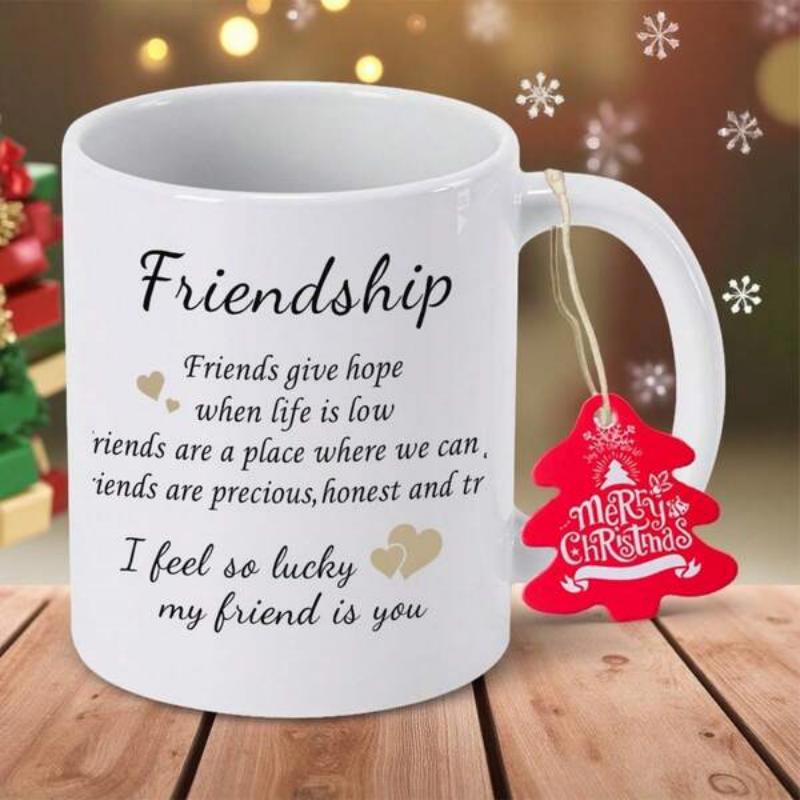 Tailorly White Ceramic 11 oz Mug - Friendship I Feel So Lucky My Friend Is You Small Golden Hearts Scattered Around Meaningful Quotes On Polished Ceramic