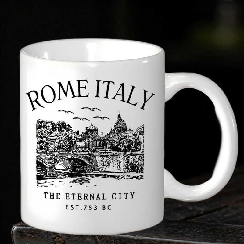 Tailorly White Ceramic 11 oz Mug - Rome Italy The Eternal City Est 753 BC Vintage Detailed Engraving Of Historic Riverside Buildings And Cathedral Landmark