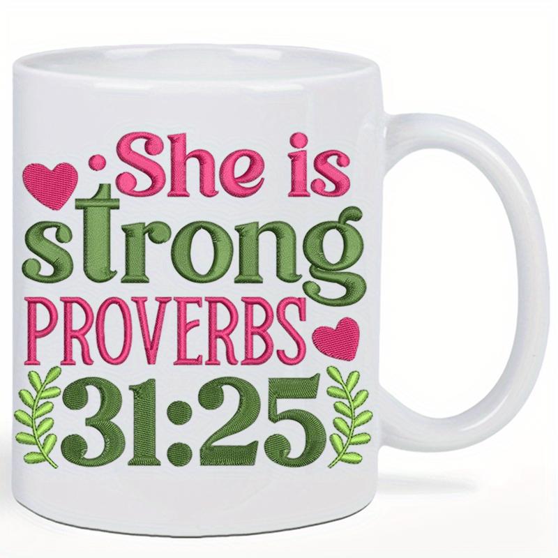 Tailorly White Ceramic 11 oz Mug - She Is Strong Proverbs 31 25 Artistic Pink Hearts And Green Leafy Branches Decorative Mug