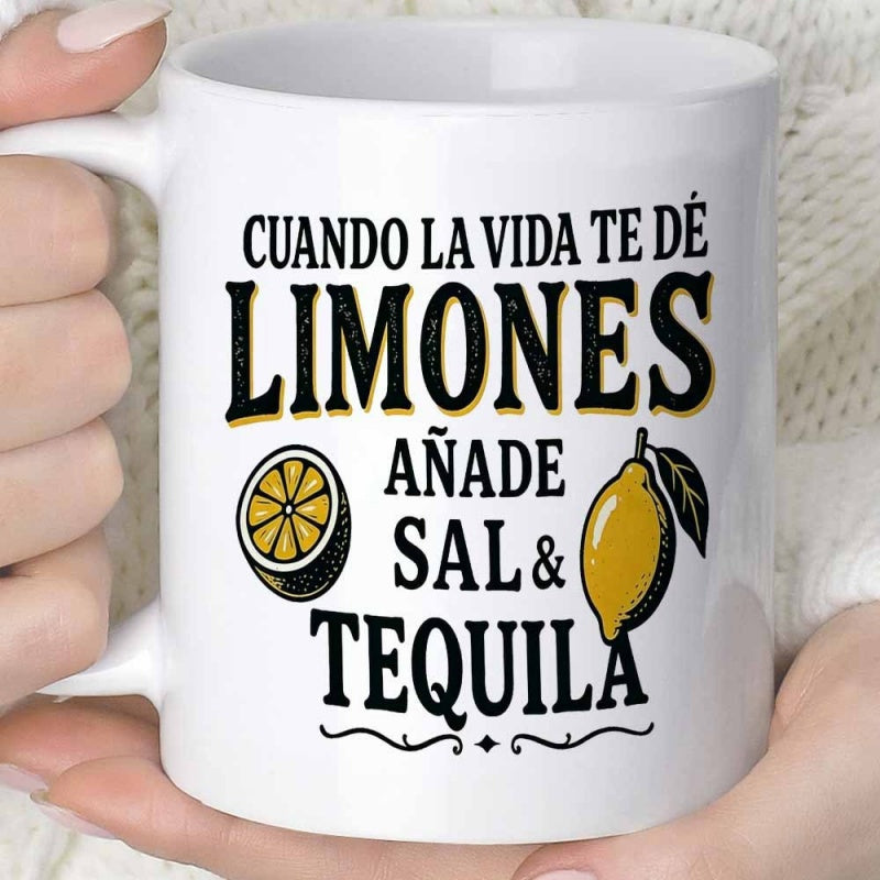 Tailorly White Ceramic 11 oz Mug - Bright Yellow Ripe Lemons And Sliced Citrus Fruit Floating Among Decorative Swirls Lemon