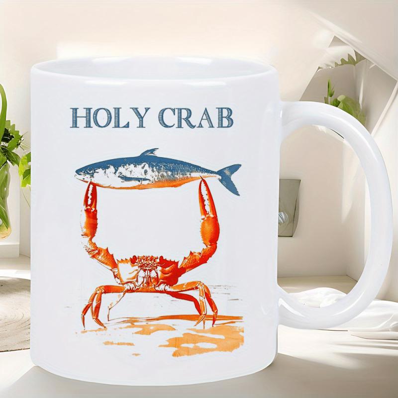 Tailorly White Ceramic 11 oz Mug - Holy Crab Realistic Red Crustacean Holding A Large Blue Fish Above Its Head Crab