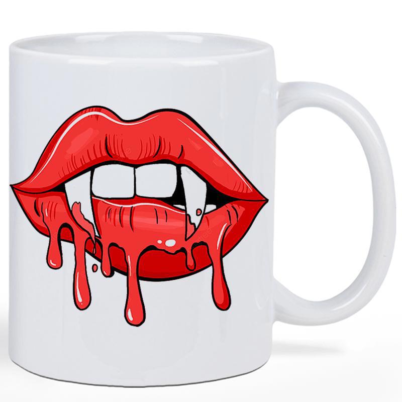 Tailorly White Ceramic 11 oz Mug - Vivid Red Dripping Gothic Design Featuring Sharp White Vampire Fangs Lips