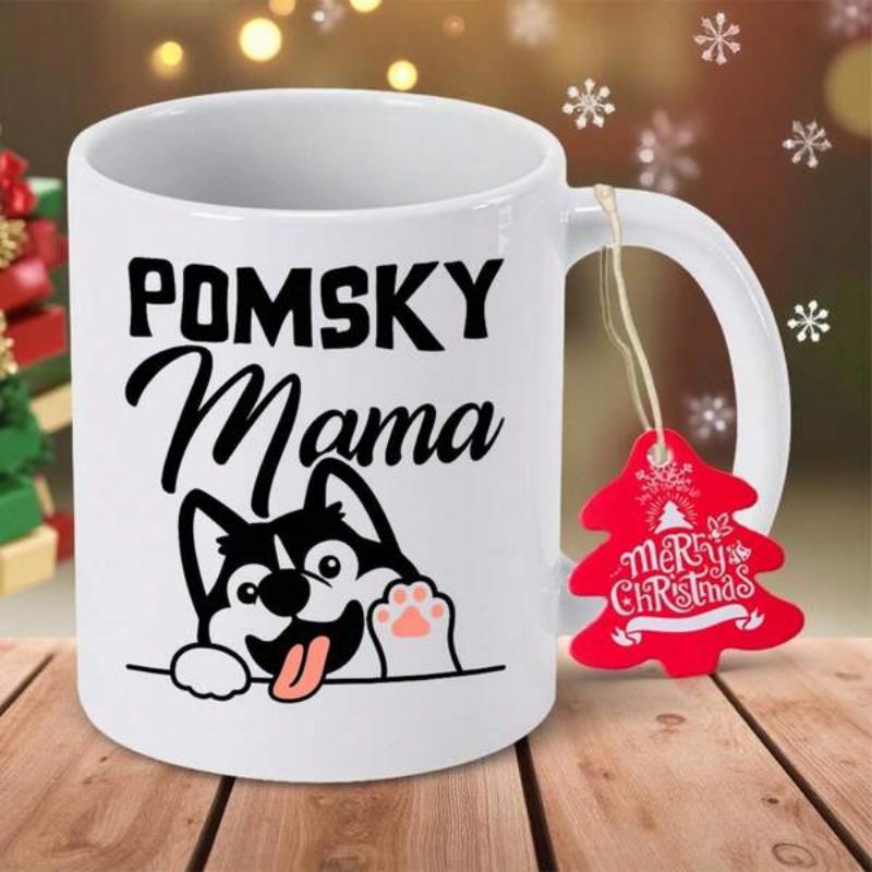 Tailorly White Ceramic 11 oz Mug - Pomsky Mama Adorably Peeking Over Line With Tongue Out And Raised Paw Pomsky