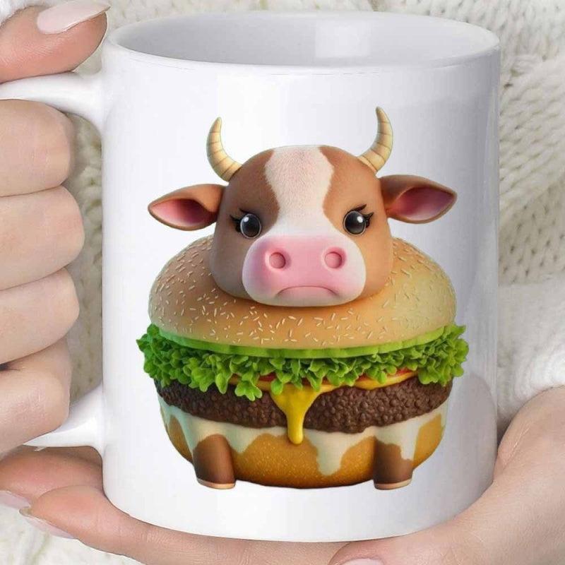 Tailorly White Ceramic 11 oz Mug - Whimsical Cartoon Cow Head Merged With A Delicious Juicy Cheeseburger Cow