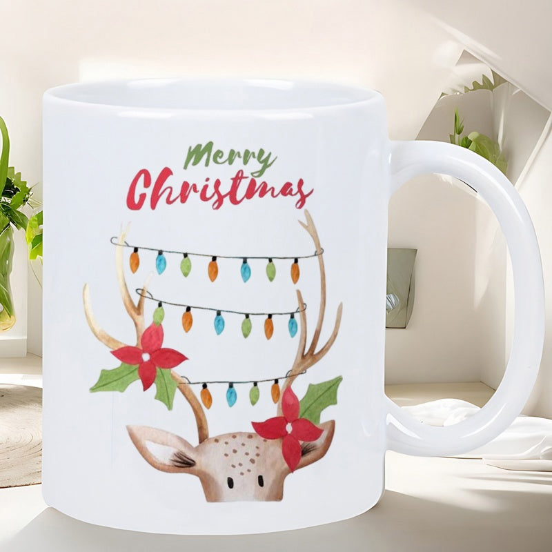 Tailorly White Ceramic 11 oz Mug - Merry Christmas Festive Reindeer Head Decorated With Colorful Lights And Flowers Reindeer