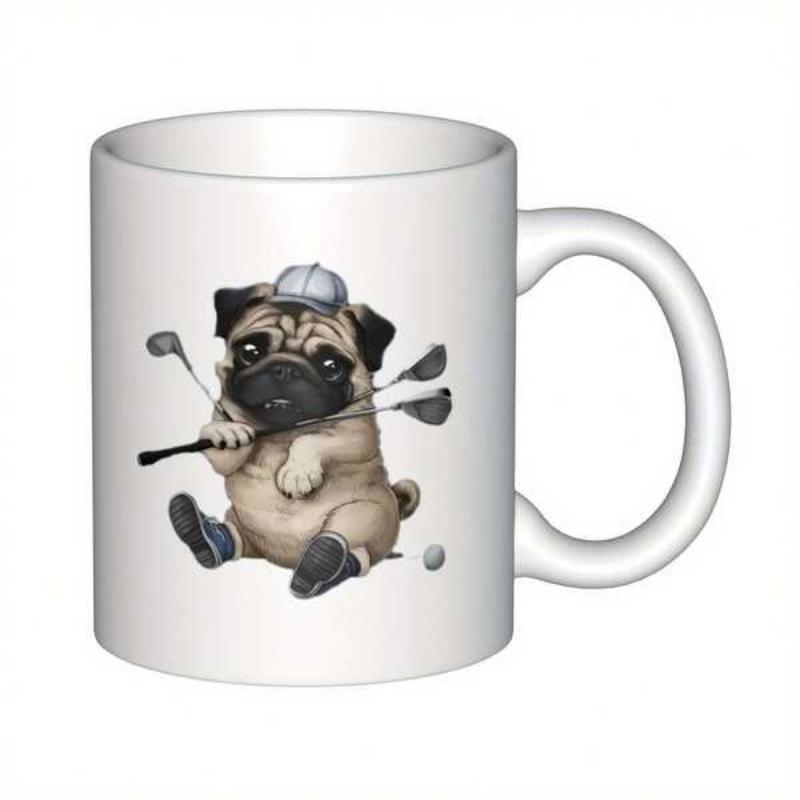Tailorly White Ceramic 11 oz Mug - Cute Cartoon Pug Wearing Hat And Holding Professional Golf Club Pug