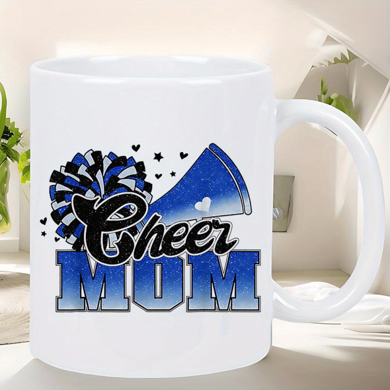 Tailorly White Ceramic 11 oz Mug - Cheer Mom Blue Pompoms And Megaphone With Small Floating Hearts Sign