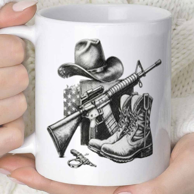 Tailorly White Ceramic 11 oz Mug - Vintage Sketch Featuring Western Cowboy Hat And Rifle Near Rugged Boots