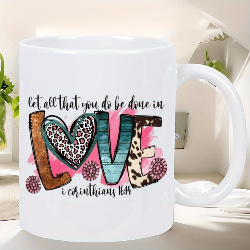 Tailorly White Ceramic 11 oz Mug - Let All That You Do Be Done In Love 1 Corinthians 16 14 Leopard Cow Print Pattern With Turquoise Texture And Pink Watercolor