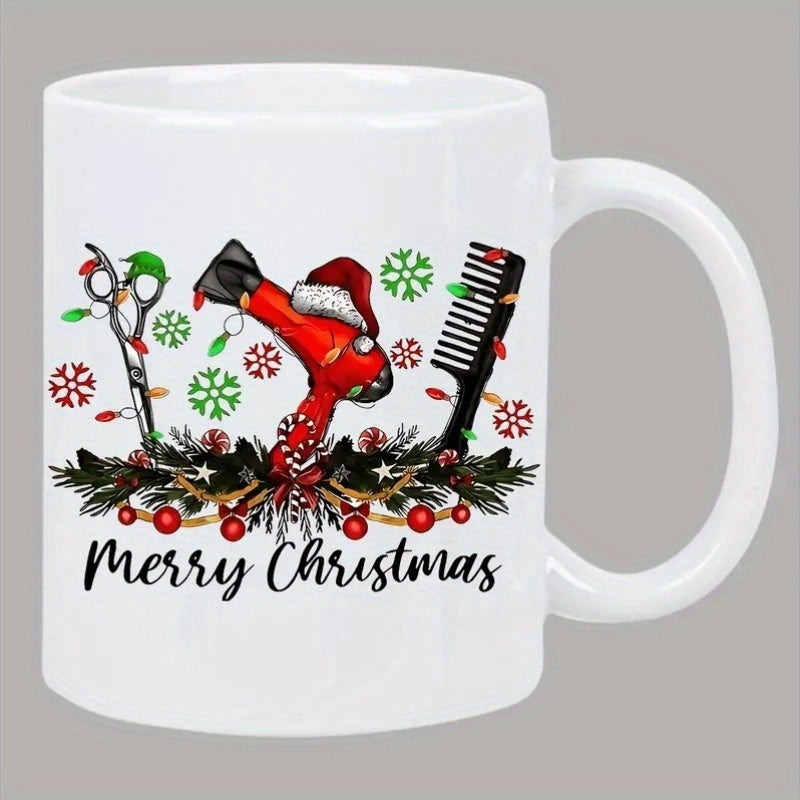 Tailorly White Ceramic 11 oz Mug - Merry Christmas Festive Hair Styling Tools Decorated With Pine Branches And Glowing Christmas Lights Hair Dryer